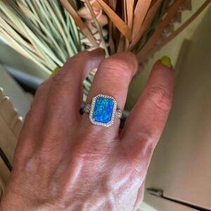 Blue Opal & CZ Sterling Silver Statement Ring